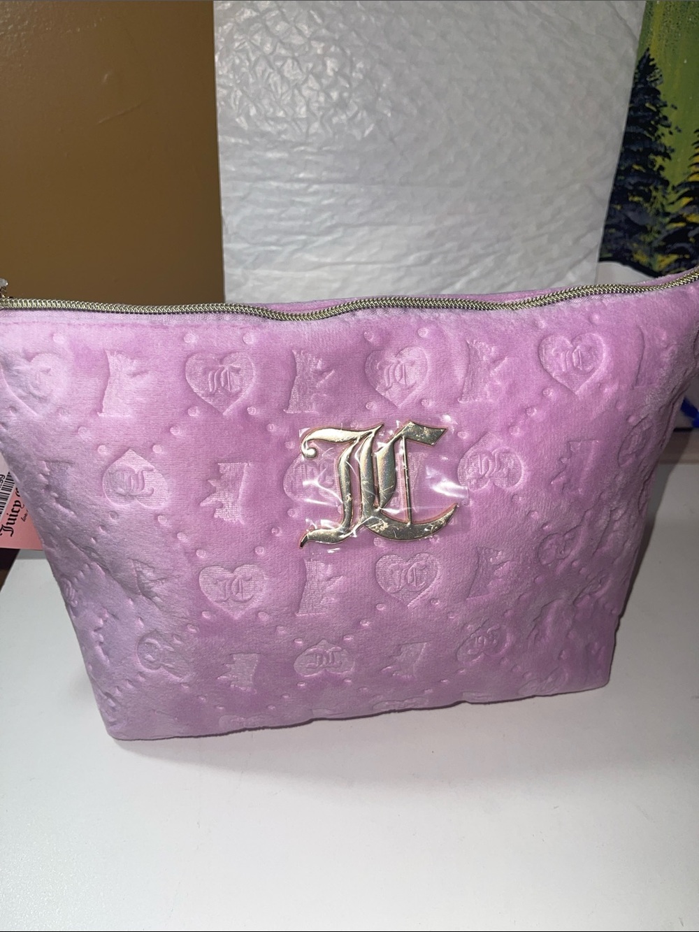 Juicy Couture Lavender Pink Velvet Cosmetic Pouch with Gold JC Emblem